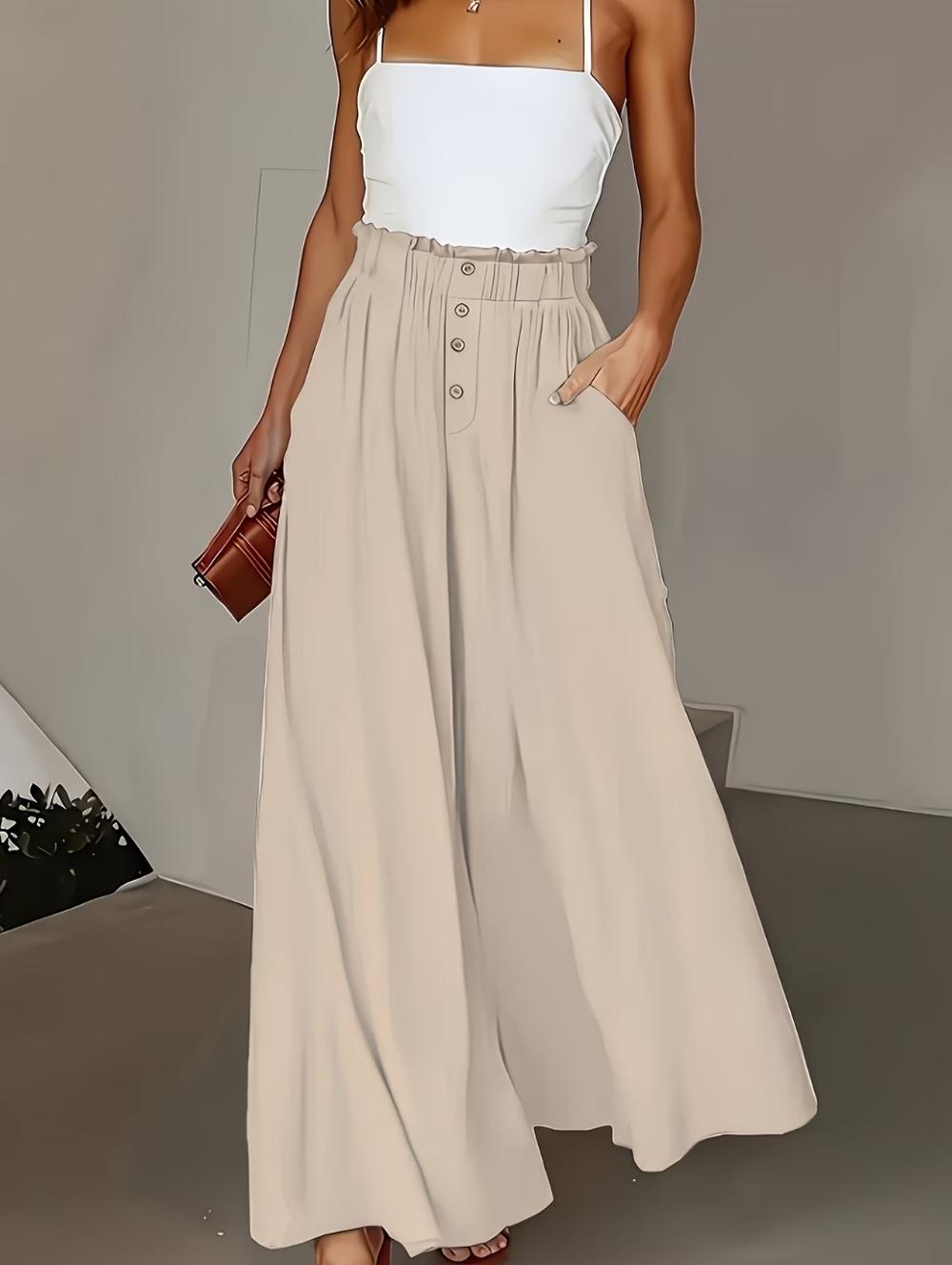 High-Waist Wide Leg Palazzo Pants in Beige